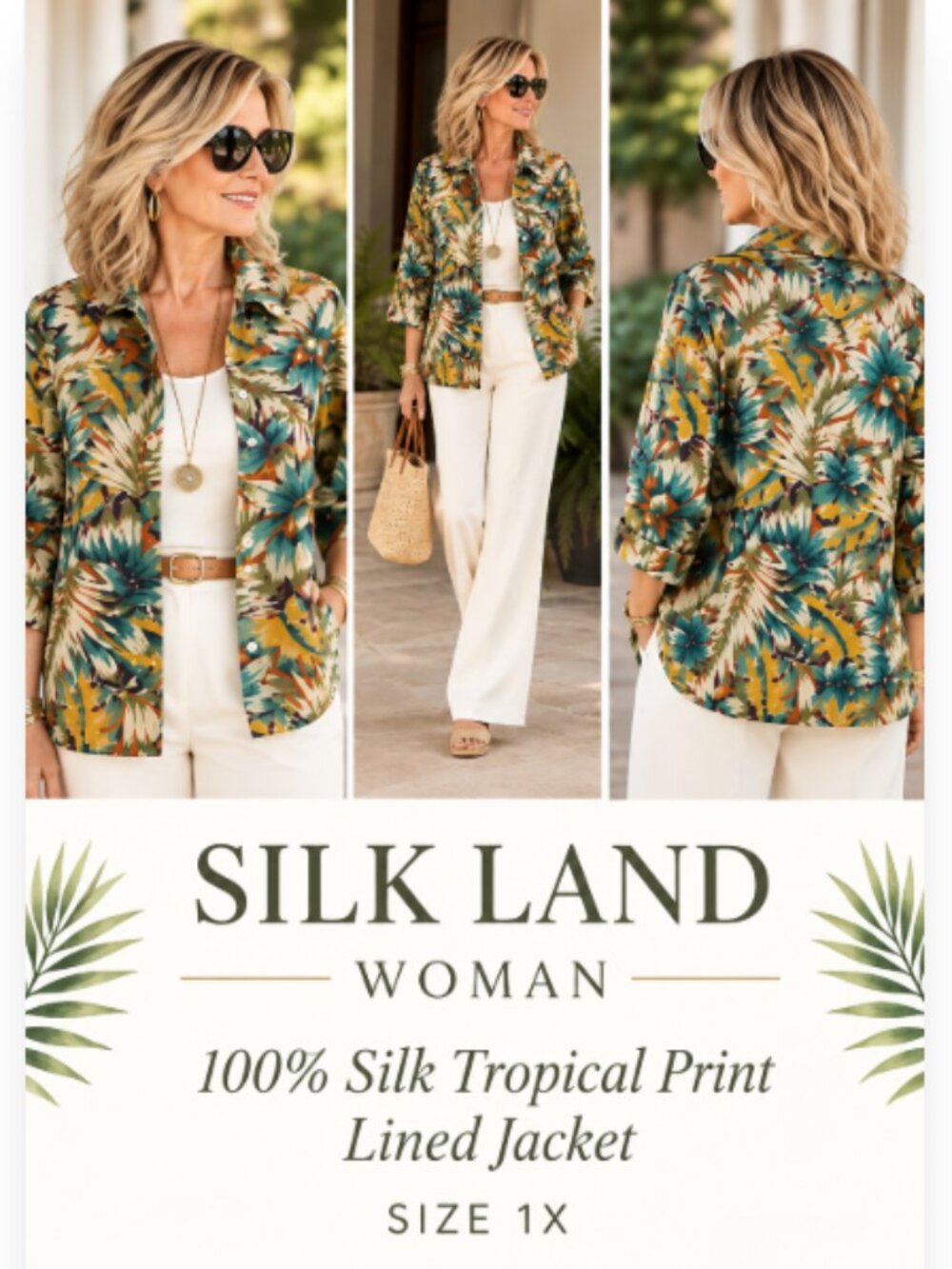 Silk Land 1X 100% Silk Tropical Botanical Print Lined Jacket Art to Wear